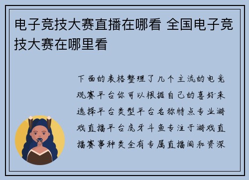 电子竞技大赛直播在哪看 全国电子竞技大赛在哪里看